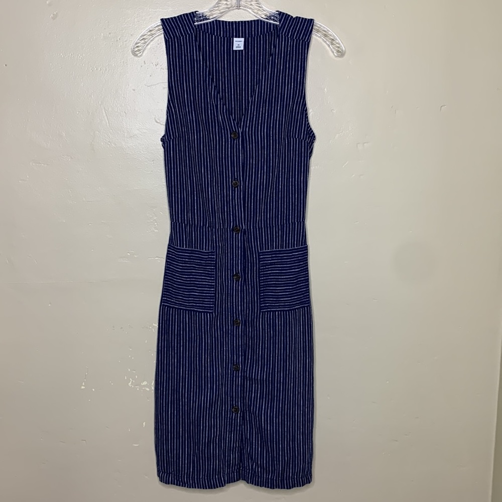 OLD NAVY Dress Blue LINEN Rayon Striped Button Front Sleeves Patch Pockets XS